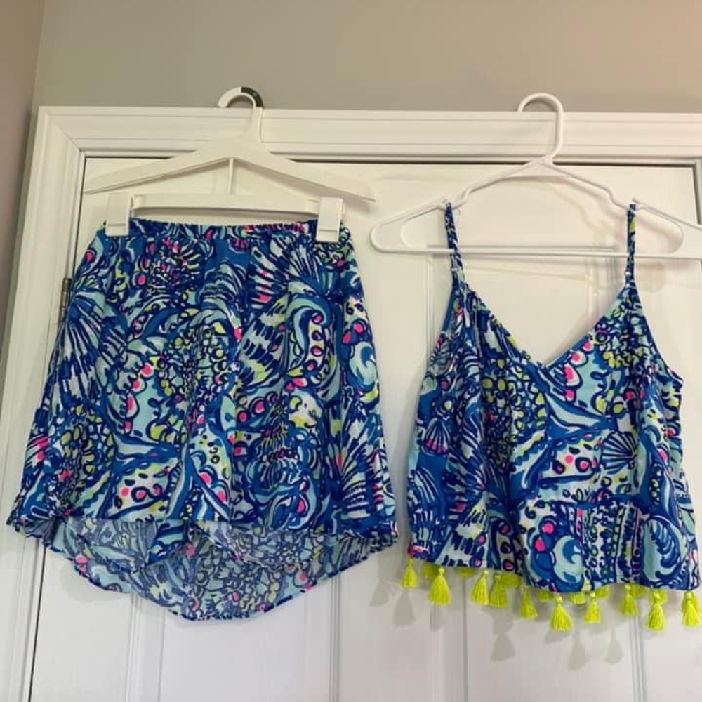 Lilly Pulitzer Blue Multi Paisley Print Tassel Crop Top & Skirt Set